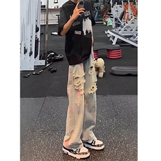 美式高街蕾丝贴布拼接牛仔裤男女宽松裤子显高休闲长裤NZ122-P48，男装牛仔裤，星座308B-2