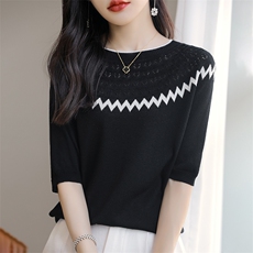 撞色镂空设计圆领针织五分袖T恤女简约2025夏季新款百搭短袖背心，女装T恤，暖烁羊绒