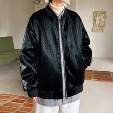 2023冬季新款男士潮牌格子PU皮棒球服棉衣黑色外套MYTC192P115，男装棉衣，电商B220