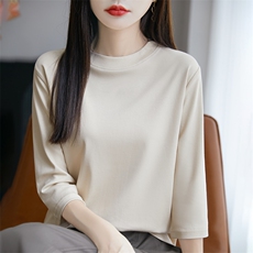 时尚半高领七分袖纯棉T恤女夏季新款修身显瘦百搭上衣，女装T恤，羊秋羊绒