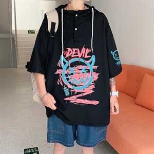 LD54178-P45 连帽短袖t恤男大码胖子带帽五分袖中袖图片
