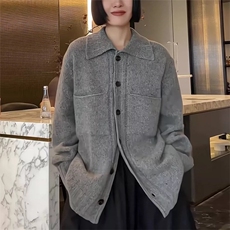 秋冬新款纯色针织翻领单排扣开衫时尚百搭，女装针织衫/毛衣，泰沅羊绒