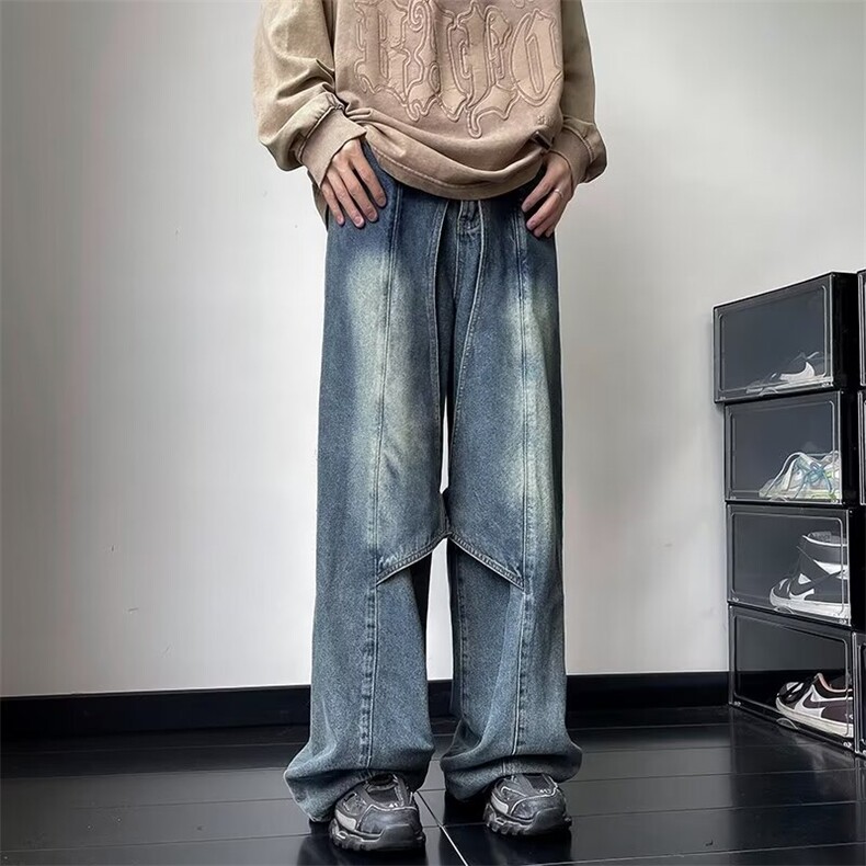 美式高街复古重工做旧水洗牛仔裤男解构拼接直筒阔腿长裤,男装牛仔裤,星座716-2