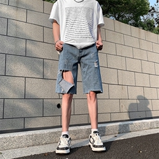 现货夏季破洞毛边五分牛仔裤浅蓝色乞丐中裤K065-K067-P35控58，男装牛仔裤，星座205