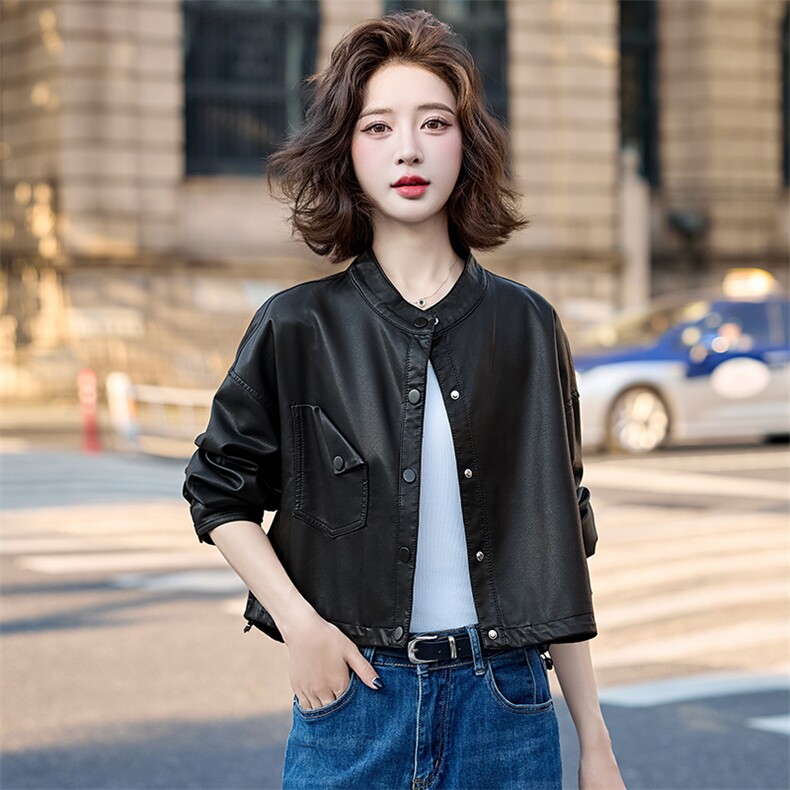 现货立领皮衣2025年女秋季新款时尚百搭短款皮上衣,女装皮衣,英标秀（1C119）