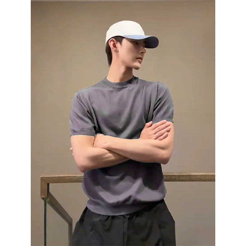 现货小领口针织衫短袖老钱风宽松正肩透气T恤T2516-P35,男装T恤,星座1212