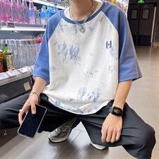 新款夏季短袖珠地面料宽松刺绣印花假两件男士T恤ZDY3414-P50，男装T恤，星座717
