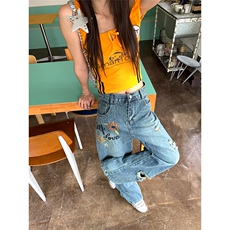 美式复古花卉字母刺绣破洞弯刀牛仔裤男女宽松直筒长裤NA21-P58，男装牛仔裤，星座208-5