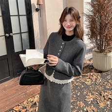 灰色小香风毛呢套装裙女2025秋季新款高级感名媛气质半身裙两件套，女装套装/套裙，2C129