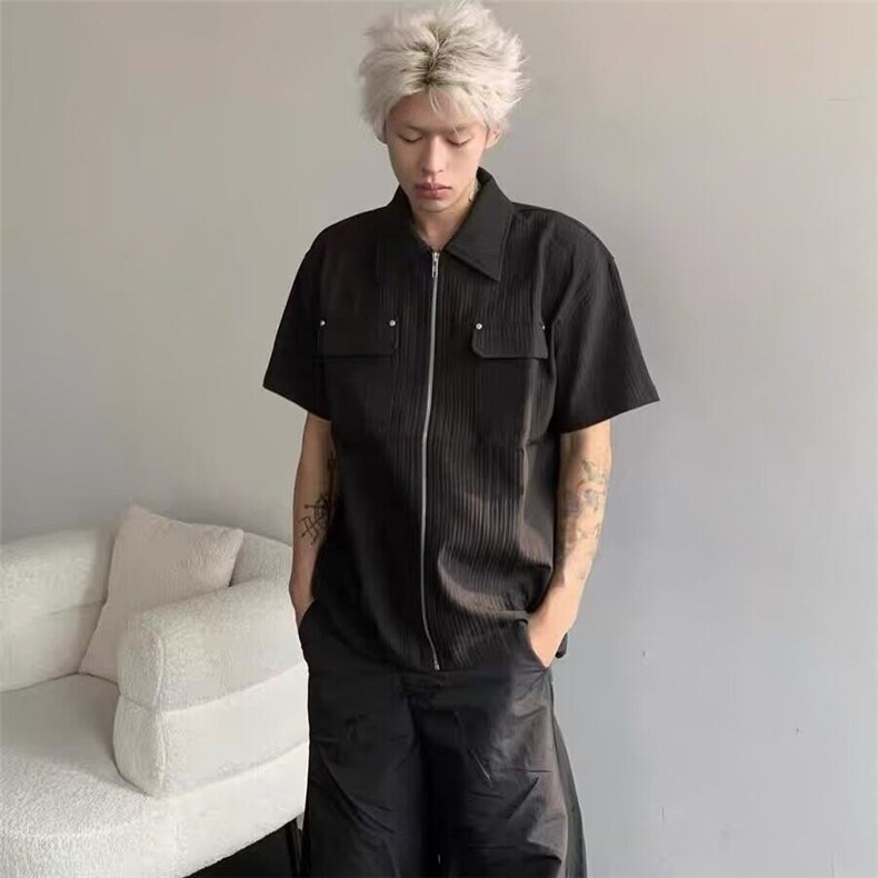 【网图现货】美式宽松复古肌理感条纹短袖衬衫男C3008/P40,男装T恤,星座205-3