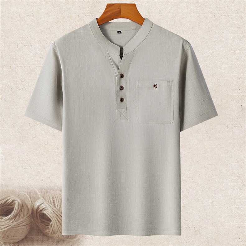 长年现货男士高品质风唐装中老年亚麻V领短袖中年棉麻T恤，男装T恤，钱塘723