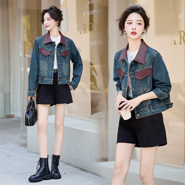 现货秋季新款韩版百搭港风复古牛仔外套女PU皮拼接夹克显瘦上衣，女装牛仔外套，江南女神