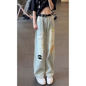 美式高街涂鸦小狗刺绣牛仔裤男青少年时尚百搭水洗设计感直筒长裤图片