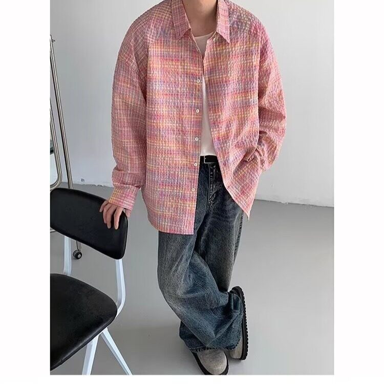 设计感格子纹泡泡袖衬衫男宽松廓形衬衣外套防晒秋季LSD51P39,男装衬衫,星座1013-5