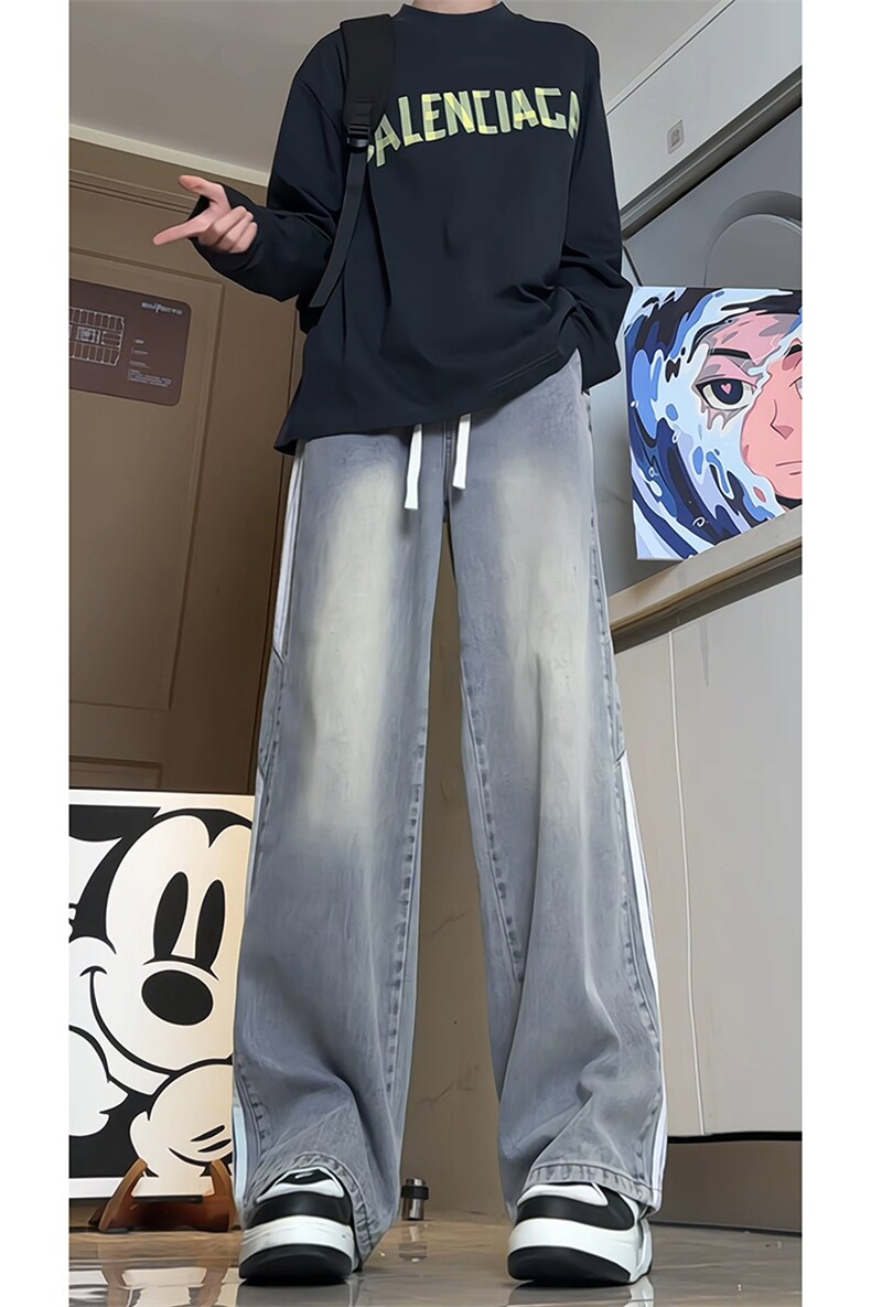 三杠条纹拼接秋季新款牛仔裤男美式高街vibe裤子潮-A1218TP48控78,男装牛仔裤,电商B241