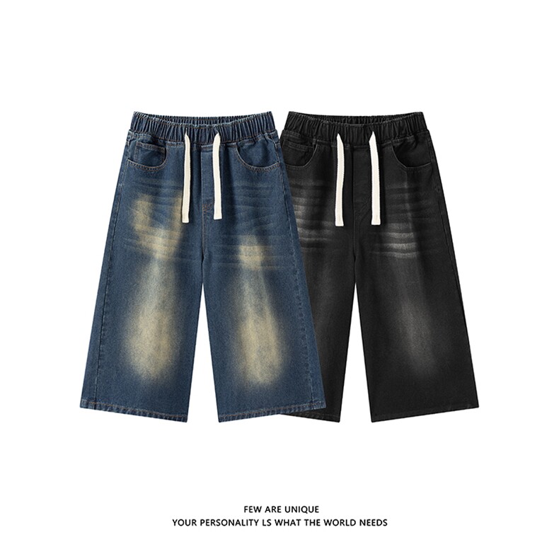 白底水洗牛仔七分裤男夏季美式复古阔腿中裤子-A2023TP38控68，男装牛仔裤，电商B241