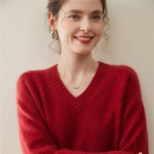 宽松版~慵懒花纱马鞍肩羊绒衫软糯加厚毛衣2025秋冬V领女保暖针织图片