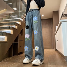 美式拼接卷边牛仔裤男女阔腿直筒宽松情侣长裤，男装牛仔裤，星座716-2