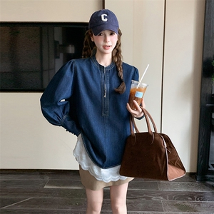 蓝色长袖牛仔衬衫女2025春秋新款复古设计感小个子休闲百搭短上衣图片
