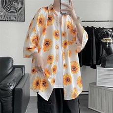 日系oversize满印花衬衫男女潮港味夏威夷情侣短袖衬衣W874-P32，男装衬衫，星座512-2