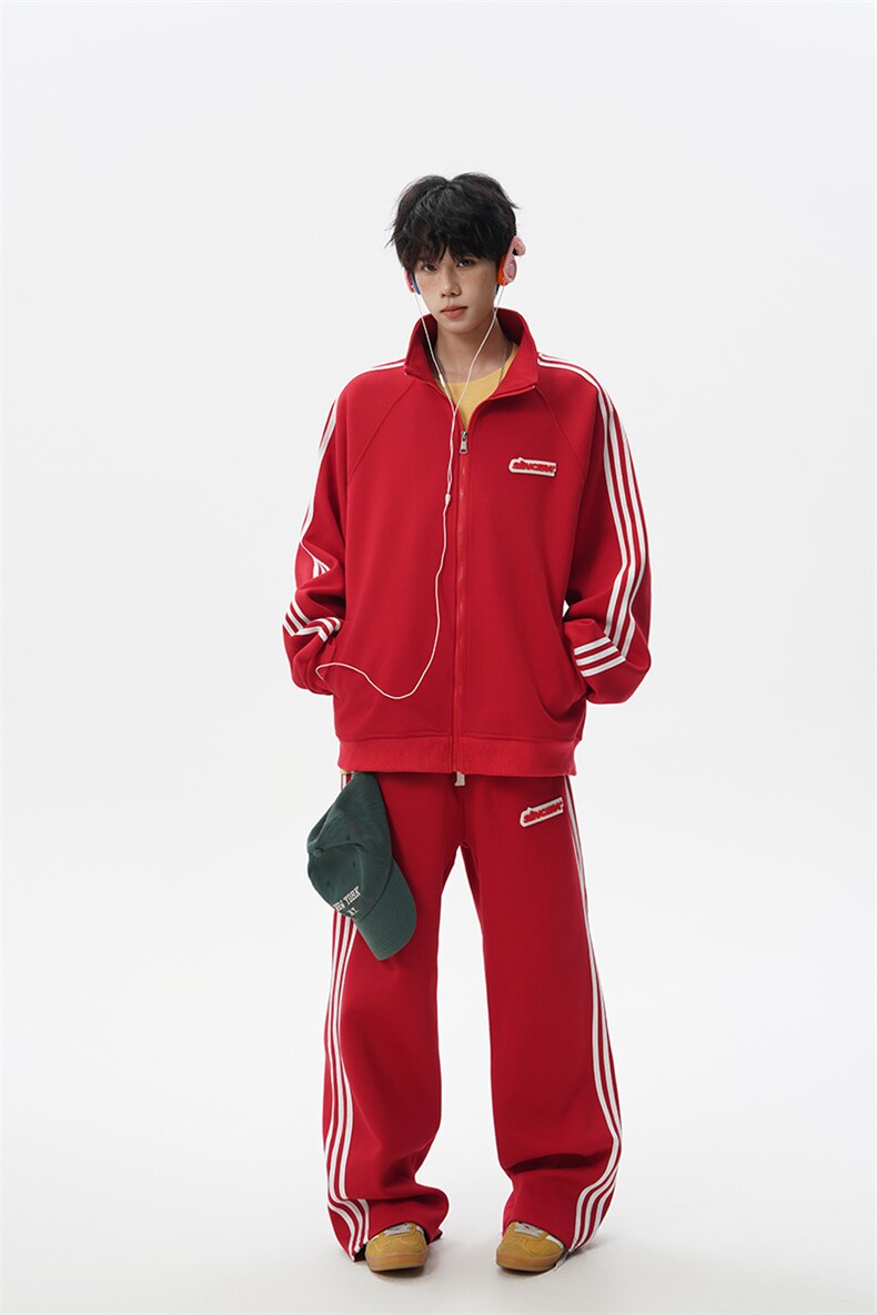 8XL-M条纹撞色开衫新年红卫衣运动套装潮牌运动服校园风TZ114P118,男装休闲套装,电商D206-1