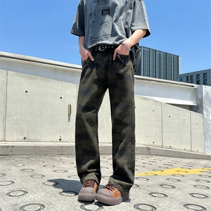 美式复古迷彩牛仔裤潮流宽松休闲直筒裤图片