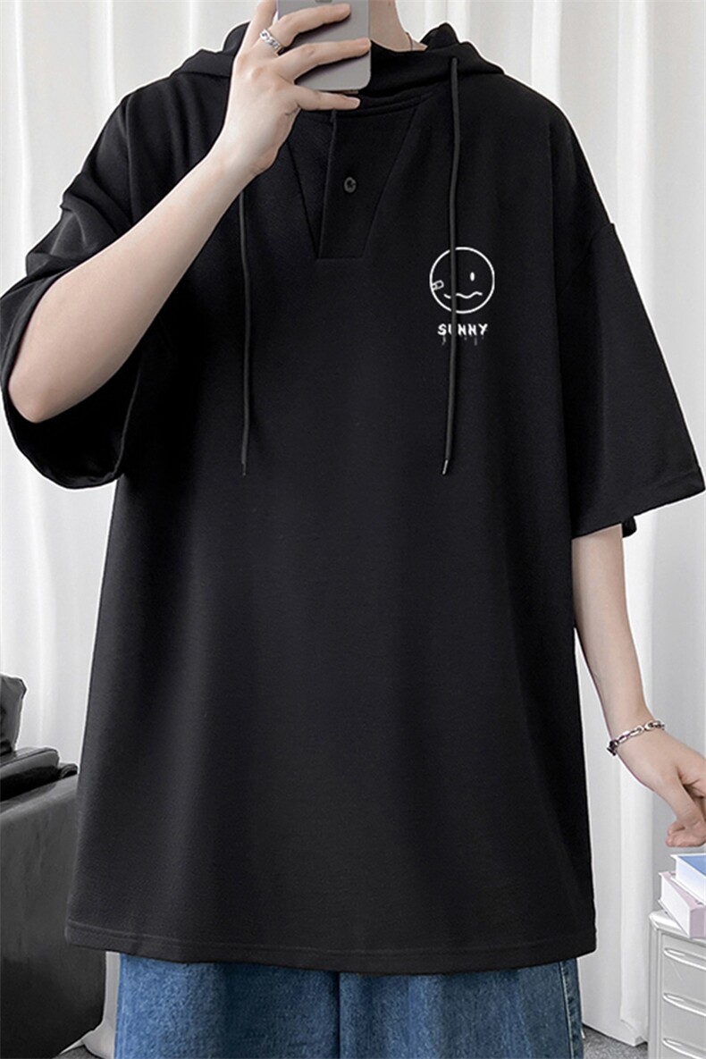 LD54072-P45连帽短袖t恤男大码胖子带帽五分袖中袖,男装T恤,电商A040