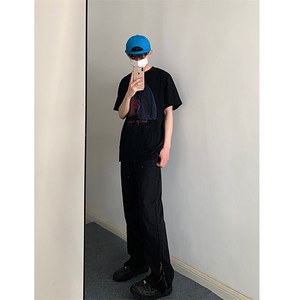 侧边拉链牛仔裤男款春秋季设计感潮牌铆钉伐木工装裤休闲大码裤子图片