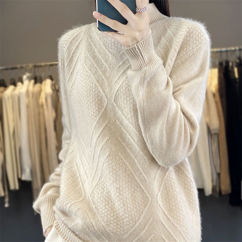 长袖套头纯色2024年秋季半高圆领简约羊毛衫，女装羊毛衫，德晨羊绒