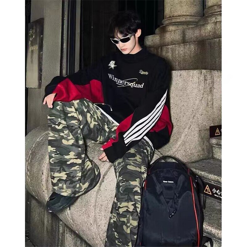 美式复古条纹拼接polo领卫衣男女刺绣潮牌宽松休闲长袖外套上衣潮,男装卫衣,星座506A