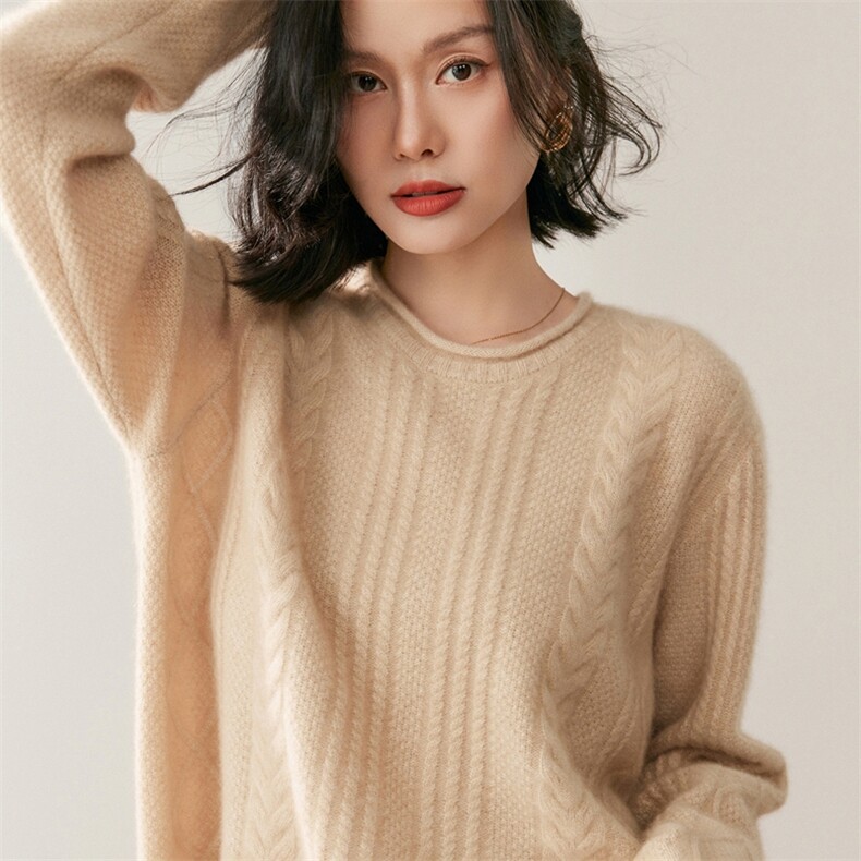 2025年秋季新款卷边圆领针织长袖套头上衣女,针织衫/毛衣,鸥蕊娅羊绒