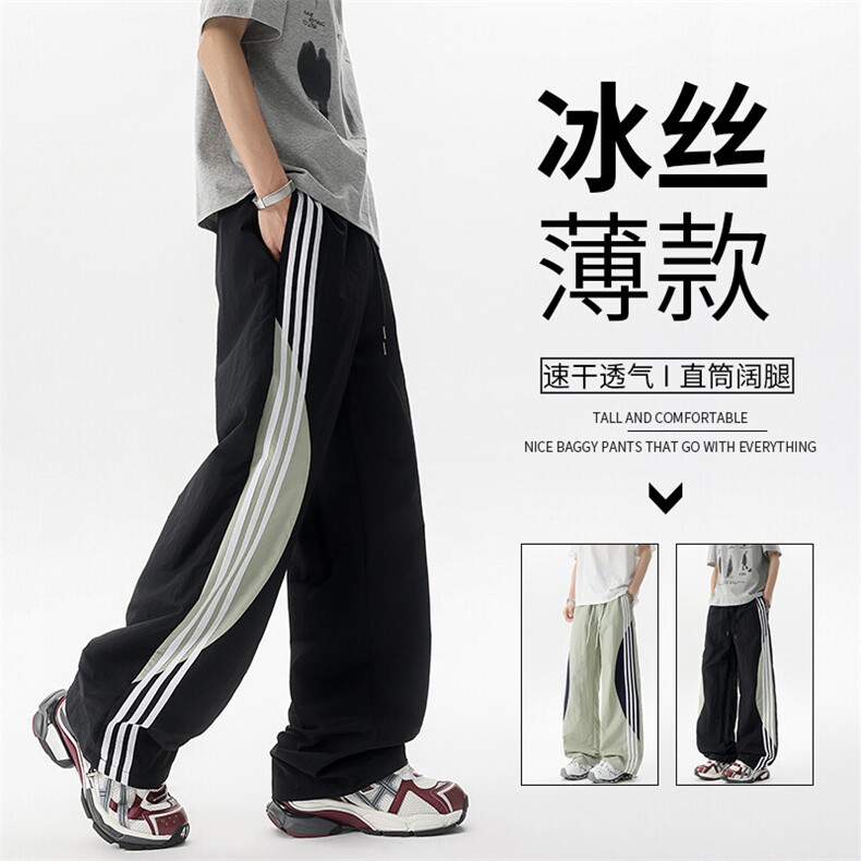 悟空有货潮牌夏季撞色条纹抽绳运动裤男复古街头宽松百搭休闲长裤图片