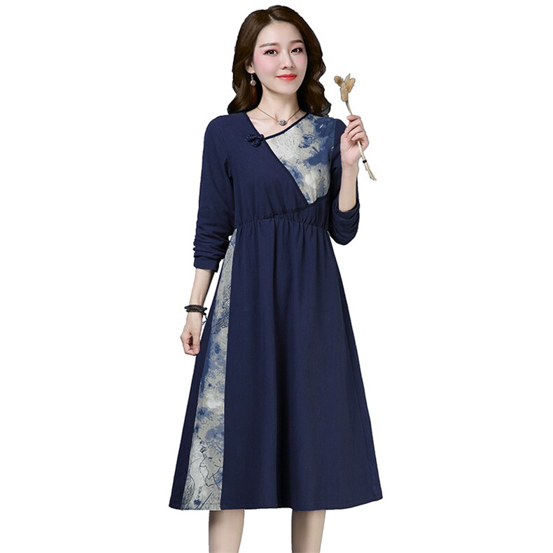 棉麻连衣裙女秋2021年春季长袖大码a字裙纯色宽松休闲中长裙,女装连衣裙,独衣靓