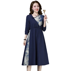 棉麻连衣裙女秋2021年春季长袖大码a字裙纯色宽松休闲中长裙，女装连衣裙，独衣靓