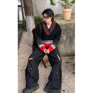 冬装小众渐变重磅撞色V领毛衣男廓形慵懒圣诞风针织衫 MV12图片