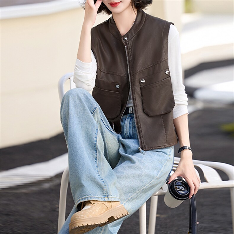 2024秋季新款女装PU皮衣复古立领机车服夹克外套女式马甲，女装马甲，美拉德工厂直营店