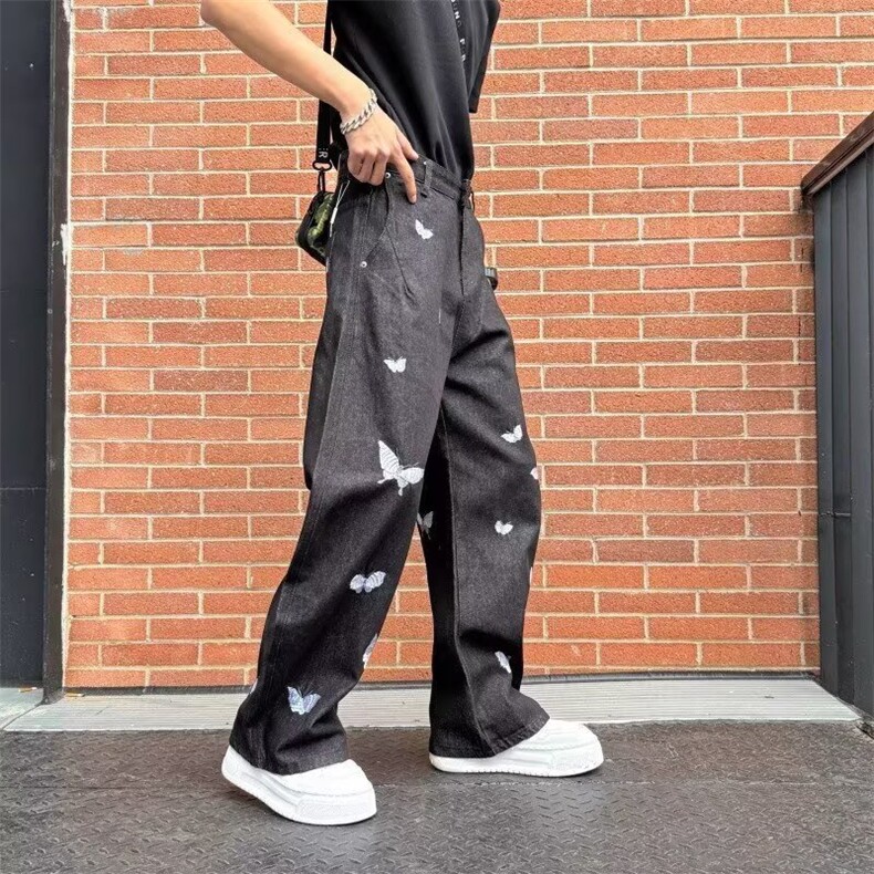 蝴蝶印花黑色休闲阔腿裤男女生秋冬新款垂感宽松小个子窄版直筒裤,男装休闲裤,星座302B-2