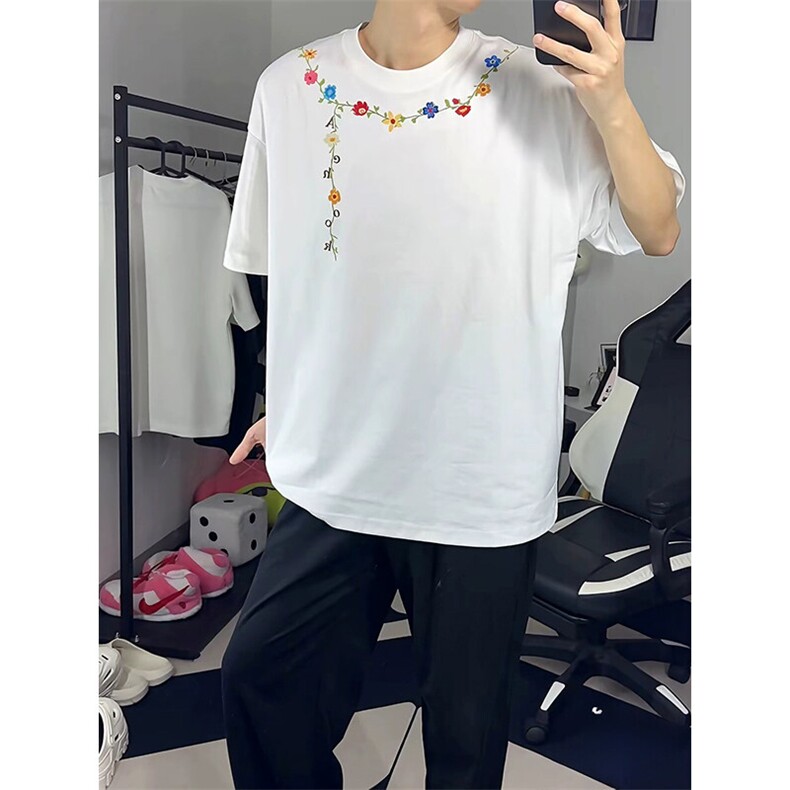 万针全刺绣工艺抖音得物高品质260克重磅纯棉双纱美式高街短袖T恤,男装T恤,电商A486