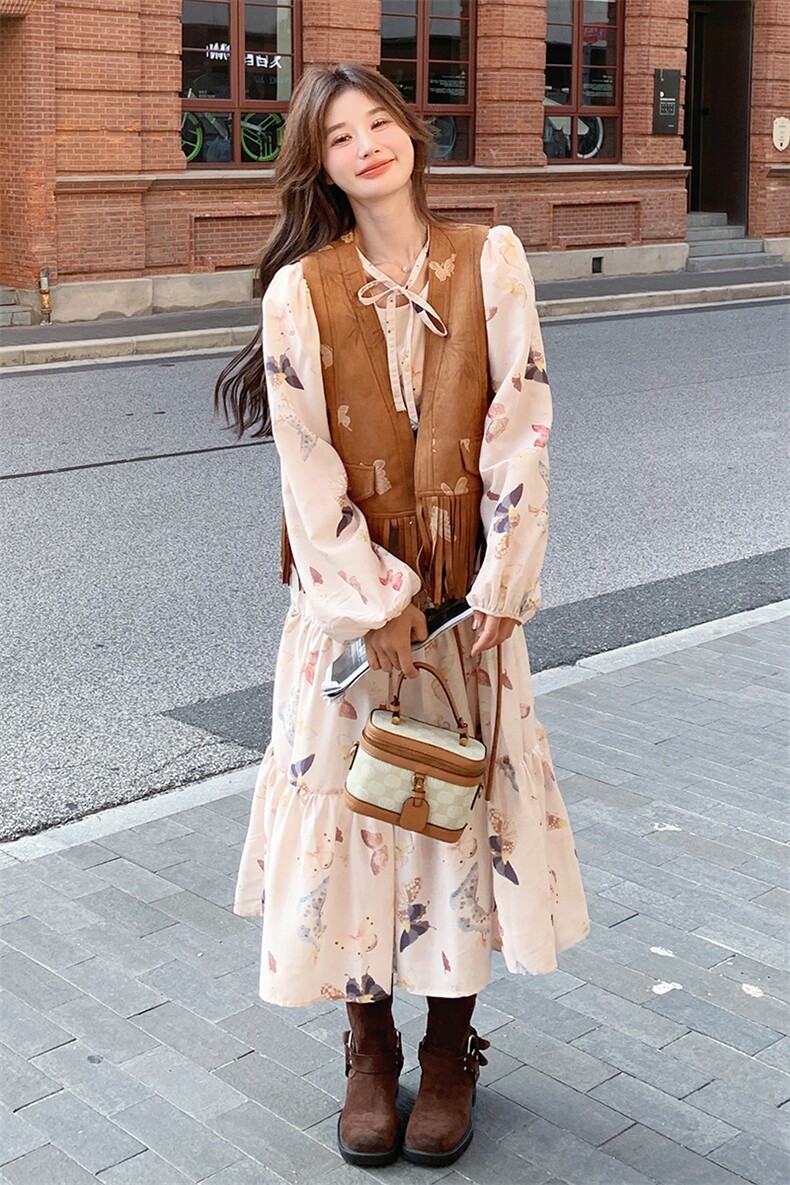 美拉德穿搭印花马甲外套配碎花连衣裙女2025春秋独特好看长裙套装,女装套装/套裙,帛锦泉