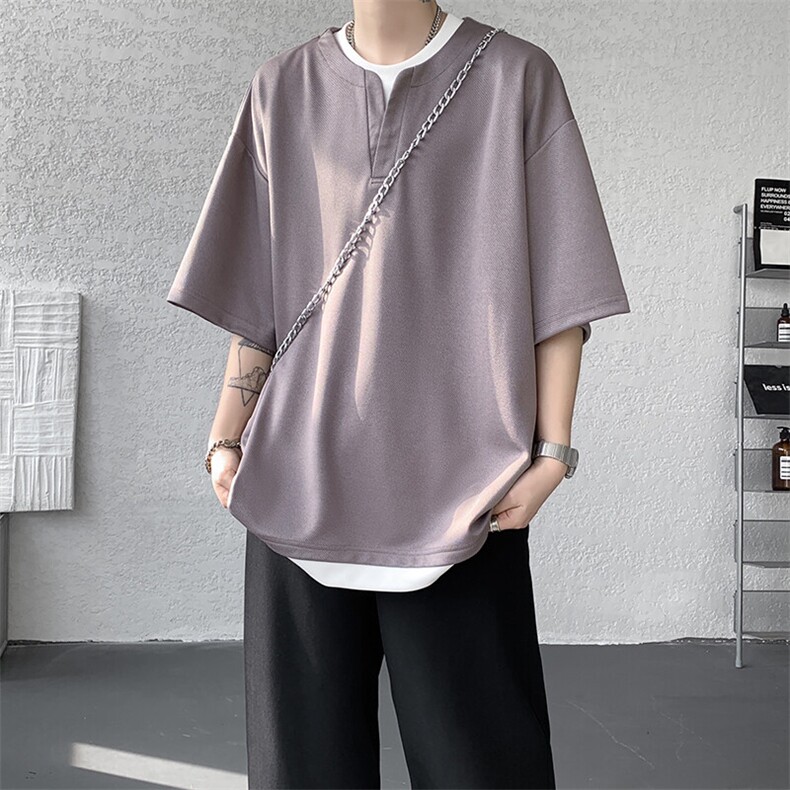 8XL-M重磅斜纹假两件短袖t恤男夏季薄款宽松大码半袖体恤DT006P45,男装T恤,电商B312