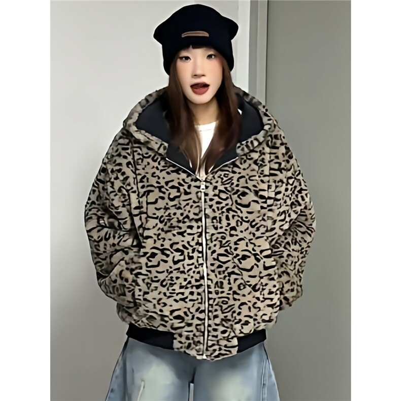 豹纹双面穿棉服连帽设计感麂皮绒短款男女冬夹克棉衣MY275P89,男装夹克,星座1013-5