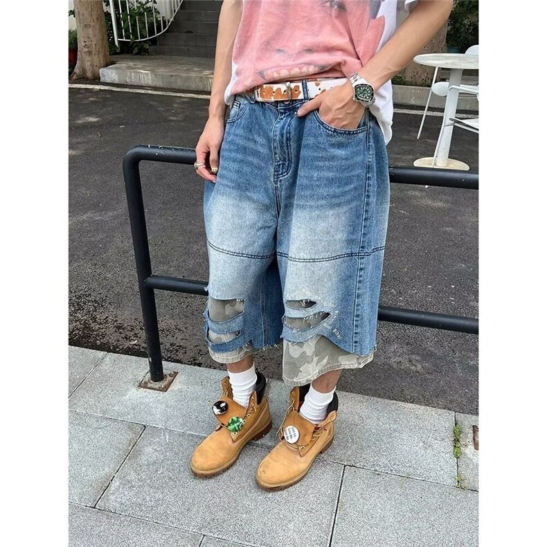 CP1235-P49 美式复古拼接迷彩破洞牛仔七分裤夏季男女宽松休闲短图片