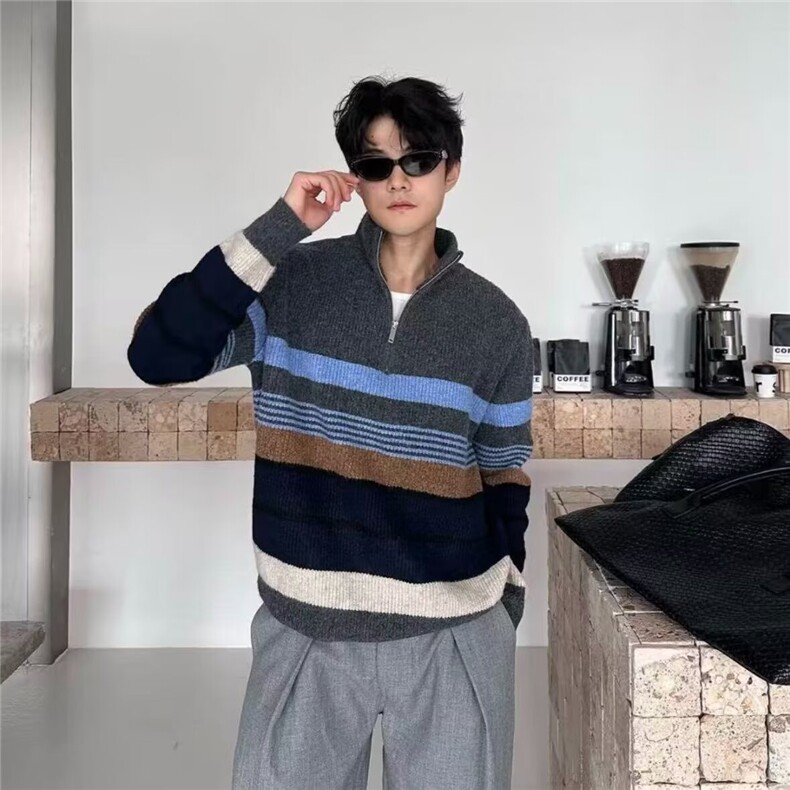 立领条纹毛衣新款韩版潮流宽松套头半拉链针织衫上衣MYF307,男装针织衫/毛衣,星座516A
