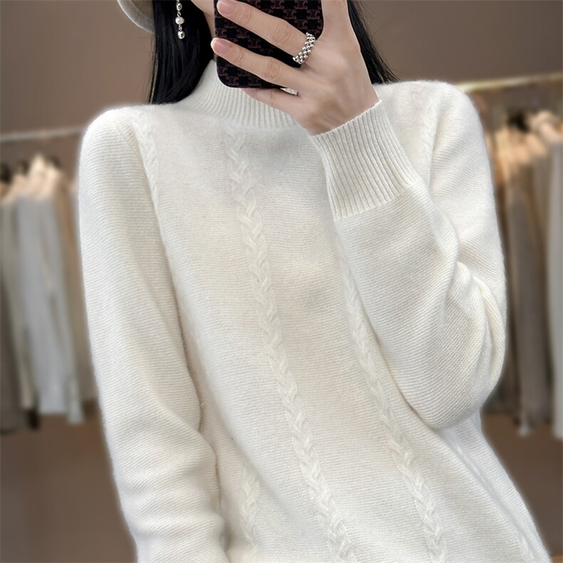 秋冬新款半高领绞花羊毛套头衫时尚百搭显瘦保暖毛衣,女装羊毛衫,科源羊绒