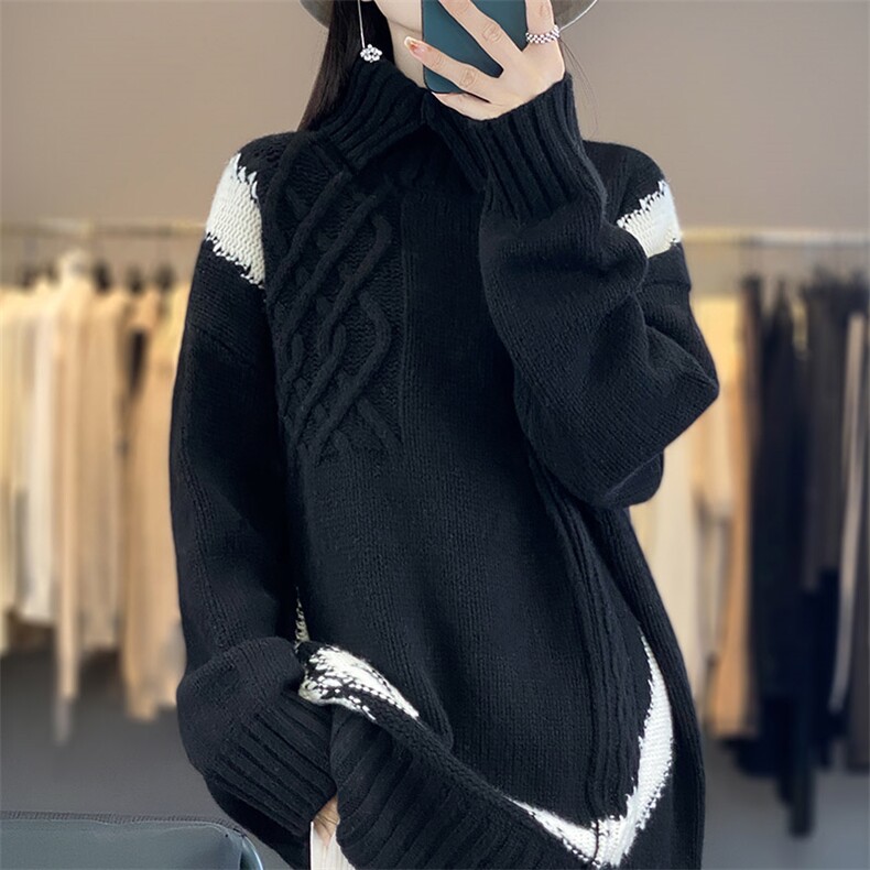 100%纯羊绒衫女高领撞色复古提花套头毛衣宽松慵懒羊毛针织打底衫,女装羊毛衫,琳华羊绒