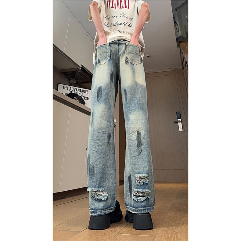 现货美式高街泼墨做旧牛仔裤男女复古刮烂破洞微喇裤K5915-P50,男装牛仔裤,星座205