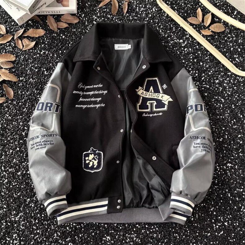 美式复古棒球服外套男春季新款翻领刺绣青少年领夹克宽松拼接上衣,男装夹克,星座410-7