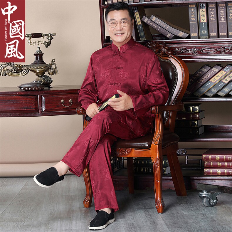 中老年唐装男春秋仿长袖套装风爷爷中式生日过寿婚礼衣服，男装中老年男装，钱塘723