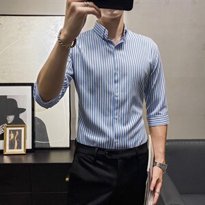 现货2025年大码条纹七分袖衬衫男短袖修身夏季中袖衬衣CS53-P45图片