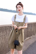 现货-2026夏季工装背带裤女韩版宽松休闲百搭两件套复古灯笼短裤，女装套装/套裙，霓裳依族